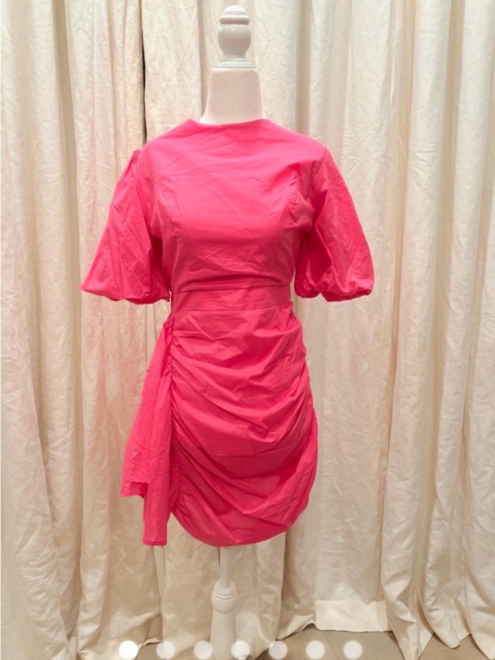 Hot Pink Puff-Sleeve Ruched Mini Dress